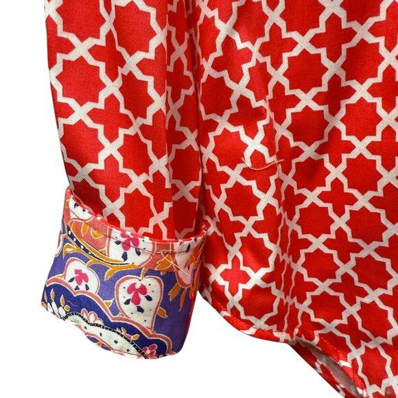 Ruby Rd Womens Shirt Size 10 Red Geo Preppy Print Long Sleeve Button Up - Picture 9 of 10